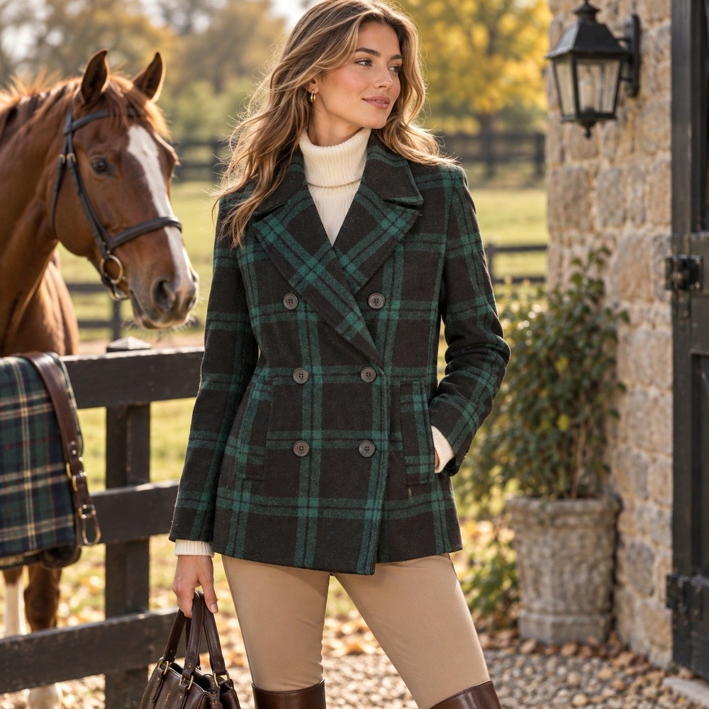 Old Navy Double Breasted Wool Plaid Pea Coat Womens M Green Black Equestrian